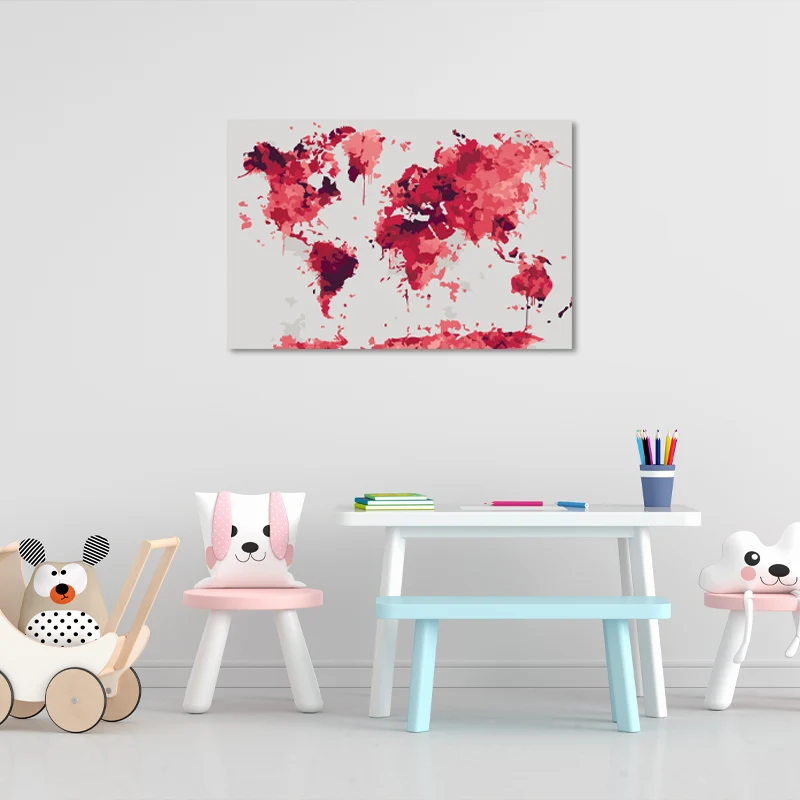Peinture sur toile par numéros avec une Carte du Monde Rouge