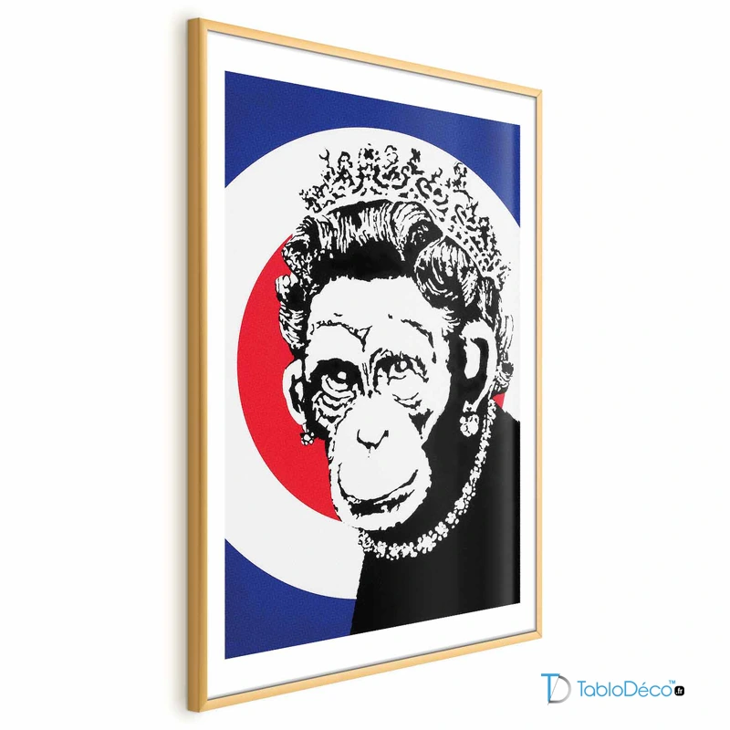 Poster déco Banksy Monkey Queen avec cadre doré avec marge