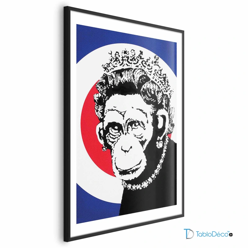 Poster encadré Banksy Monkey Queen avec cadre noir et avec marge