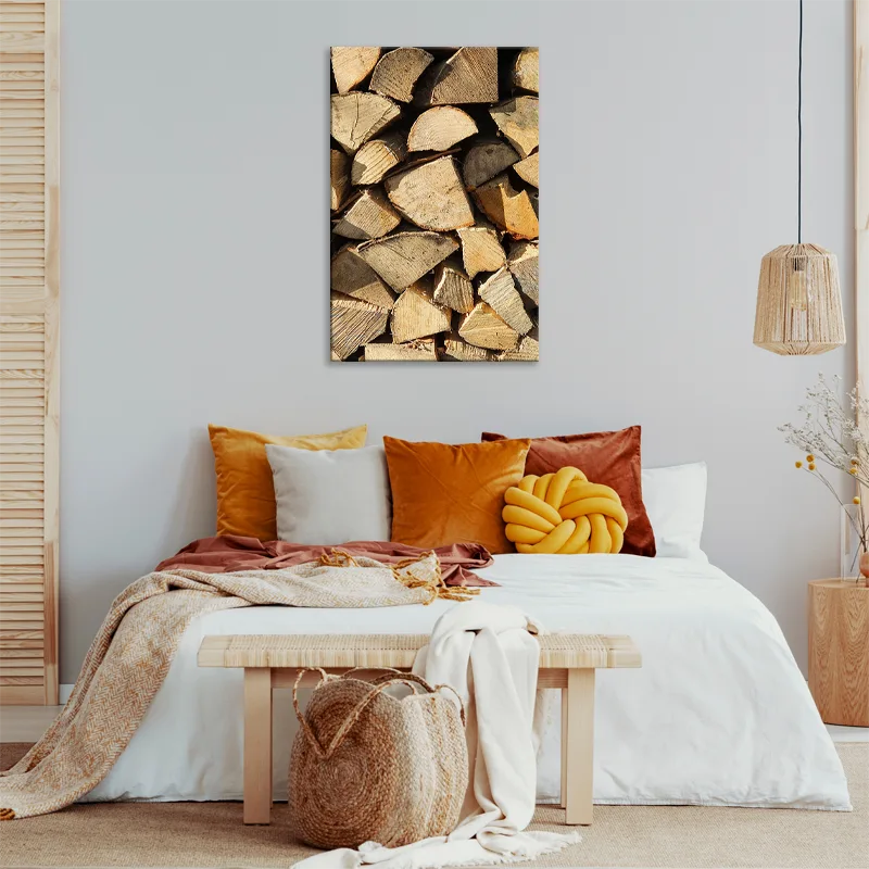 Tableau déco Scandinave avec buches en Bois dans une chambre