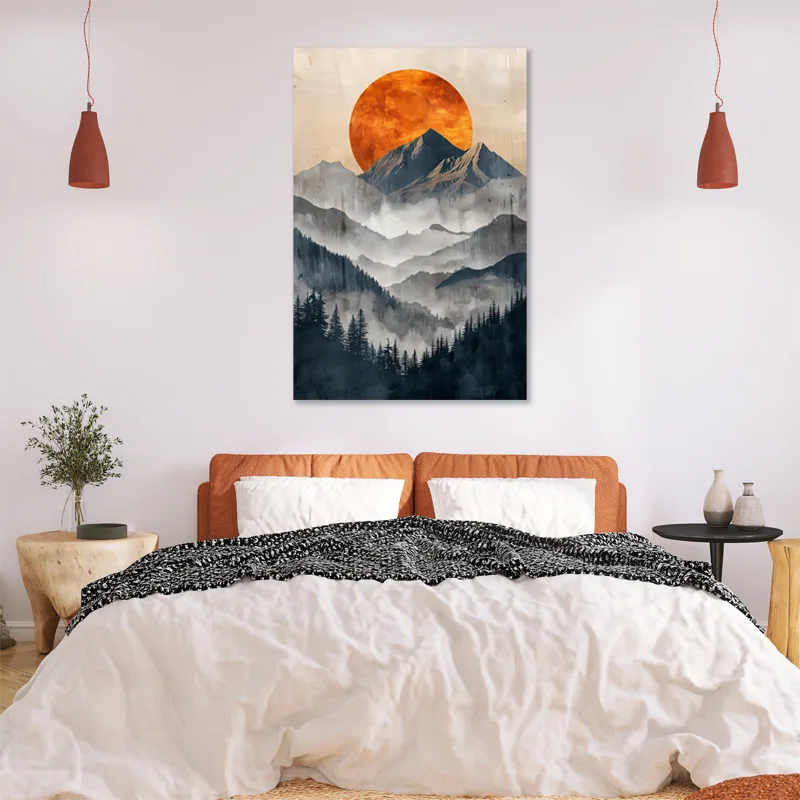 tableau déco scandinave d'un soleil orange dans une chambre
