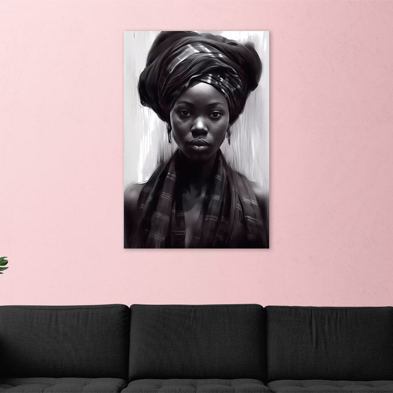 Tableau déco d'une Femme Africaine en Noir et Blanc dans un salon - TabloDéco.fr