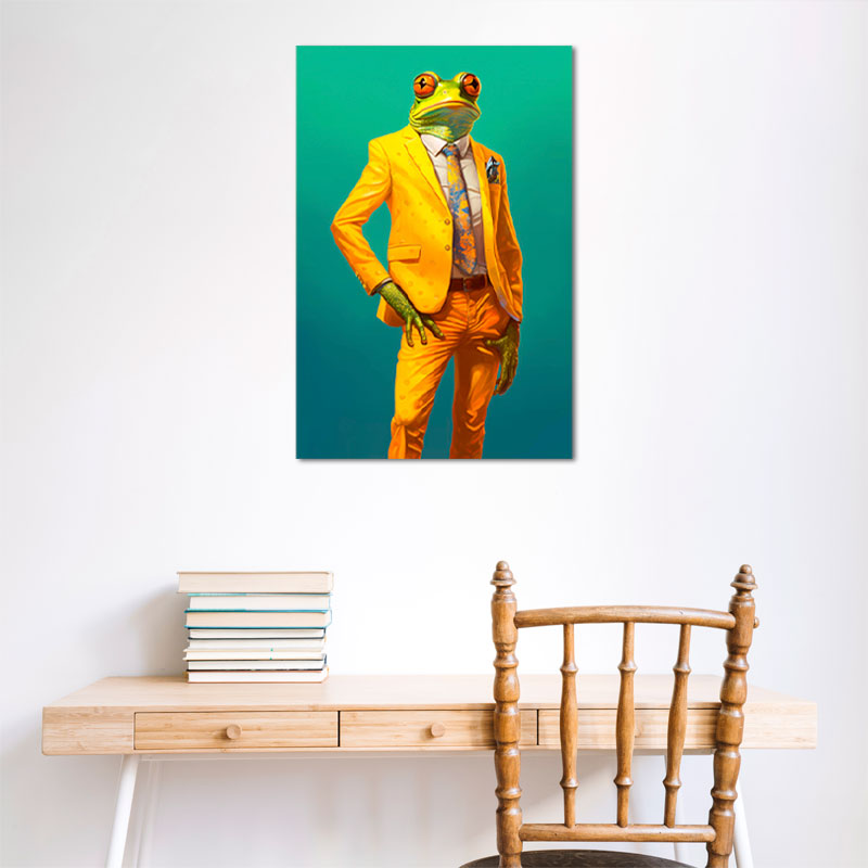 Tableau déco sur toile avec une grenouille en costume jaune - TabloDéco