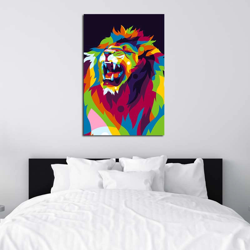Cadre mural d'un Lion Pop Art dans une chambre- TabloDéco.fr