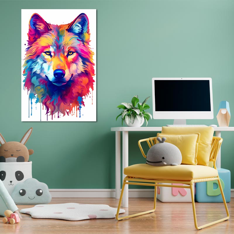 Tableau décoratif d'un Loup Coloré dans une chambre d'enfant - TabloDéco.fr