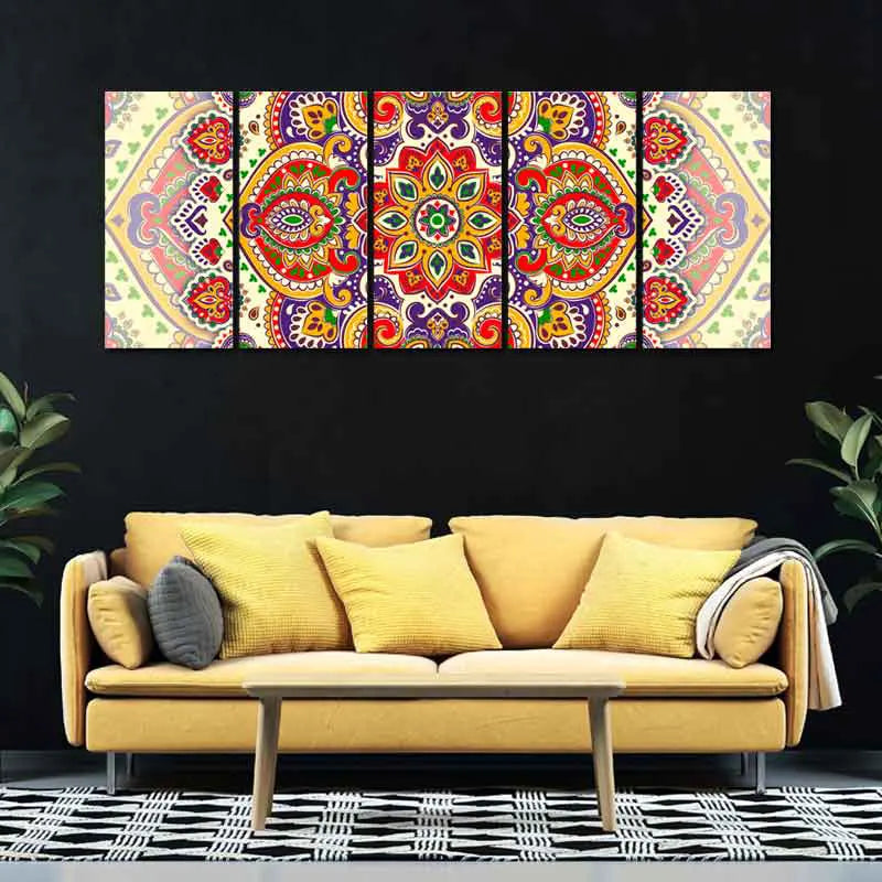 Tableau sur toile d'un Mandala Tibétain en 5 panneaux - TabloDéco.fr