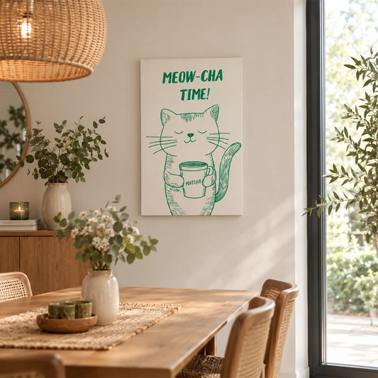 Toile déco Meow-Cha Time accrochée dans une salle à manger