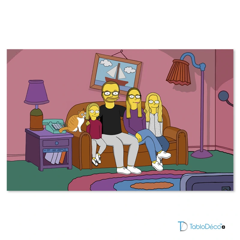 Toile personnalisée Simpson avec 5 personnes dans le salon - TabloDéco.fr
