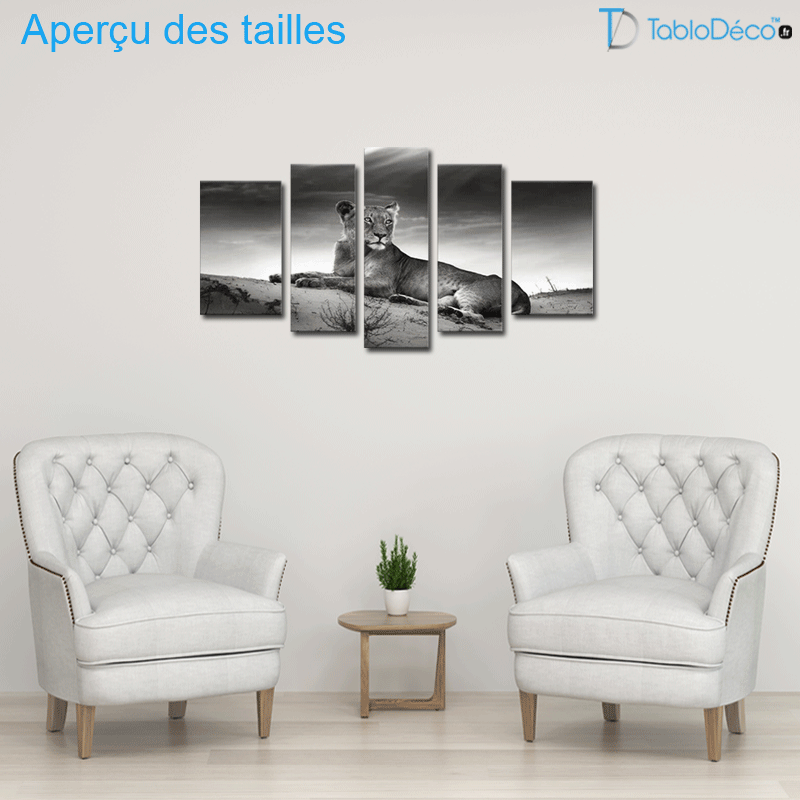 Aperçu des tailles du Tableau Noir et Blanc Lionne en 5 panneaux