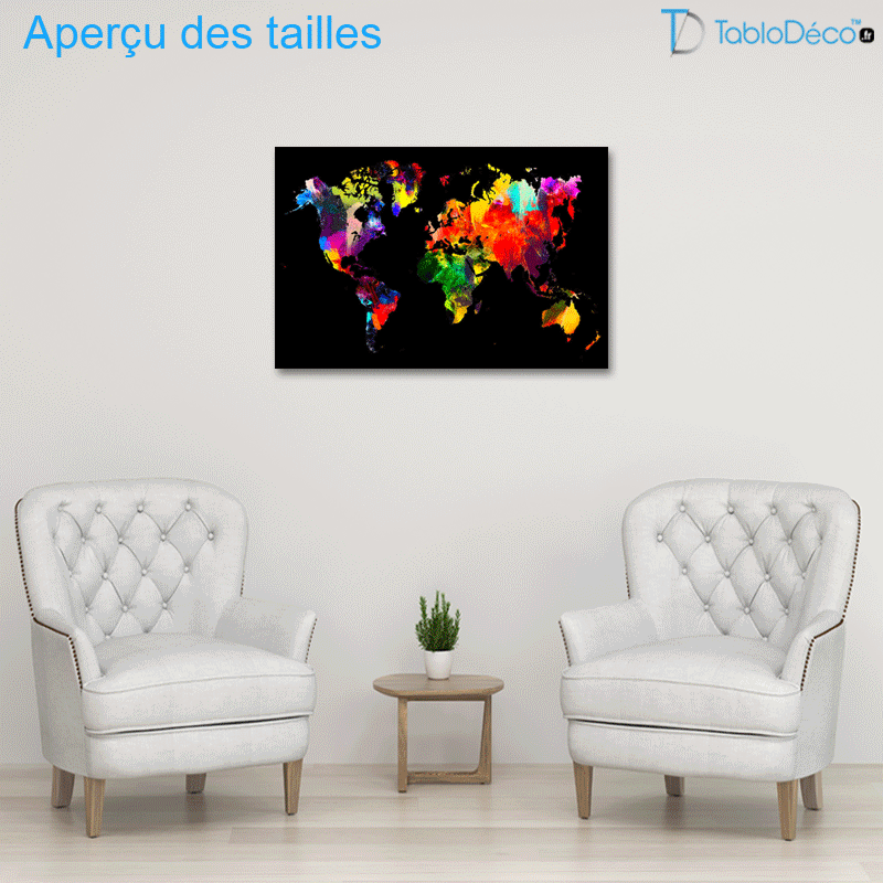 Tableau Carte du Monde Colorée sur fond noir