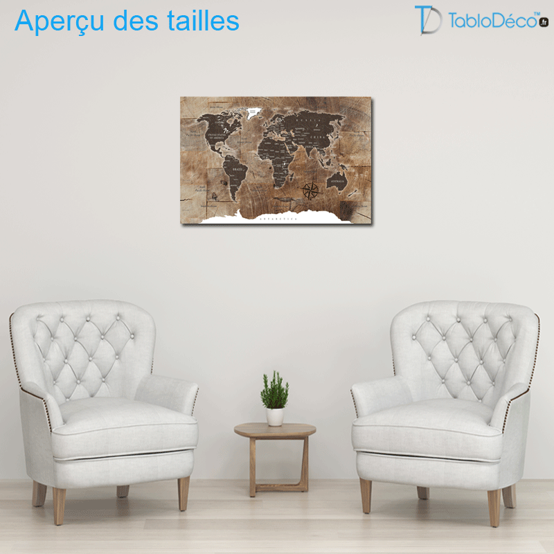 Aperçu des tailles du Tableau en liège - Carte du Monde Wooden Block
