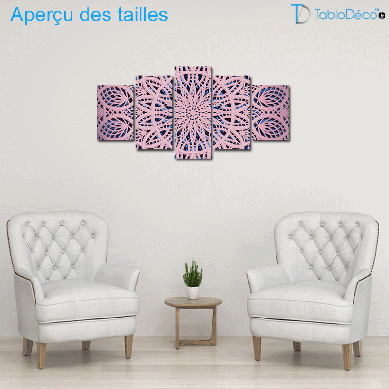Aperçu des tailles du Tableau Mandala Rose 5 cadres
