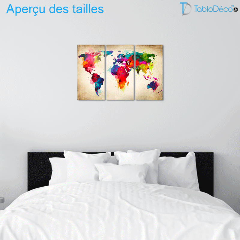 Tableau Triptyque Planisphère Couleurs Vives