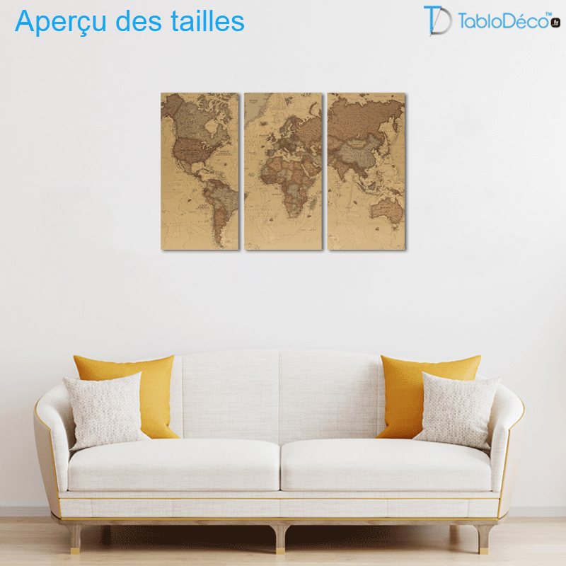 Toile Carte du Monde Ancienne (3 parties)