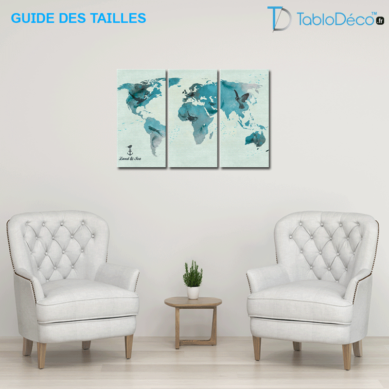 Guide des tailles du Tableau Carte du Monde Bleu Canard