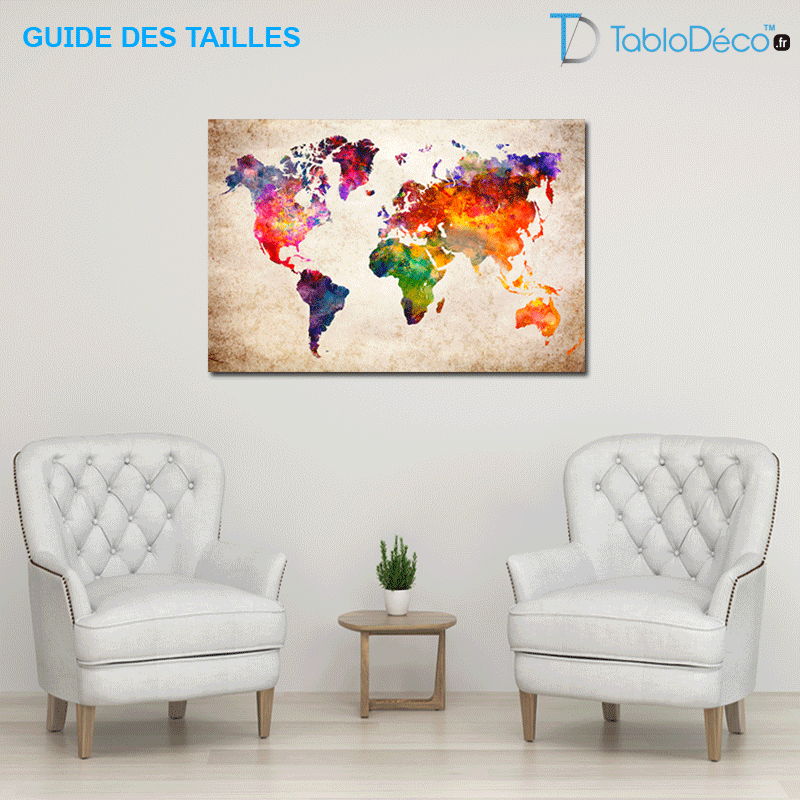 Guide des tailles du Tableau Carte du Monde Multicolore