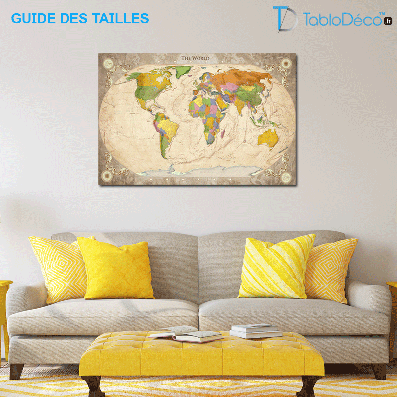 Guide des tailles du Tableau vieille Carte du Monde