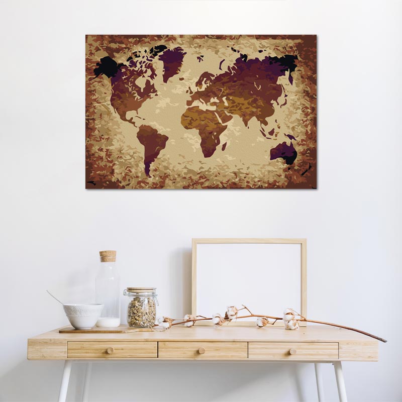 Peinture par numéros Carte du Monde Marron - TabloDéco.fr
