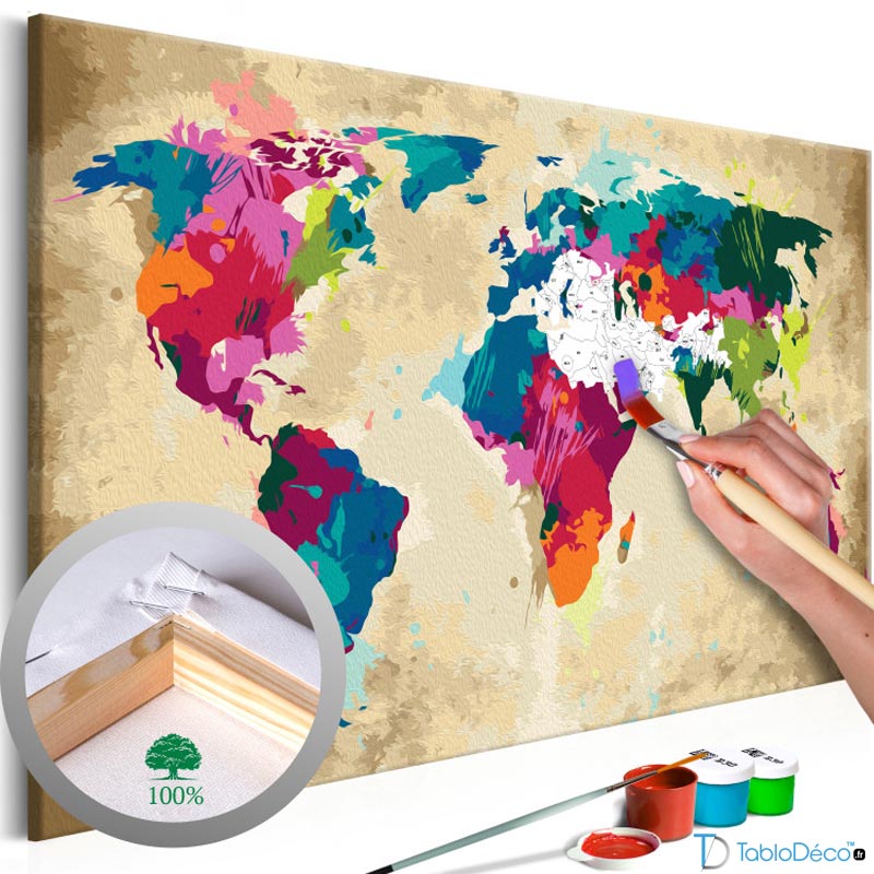 Acheter une Toile à peindre par numéros d'une Carte du monde Multicolore - TabloDéco.fr