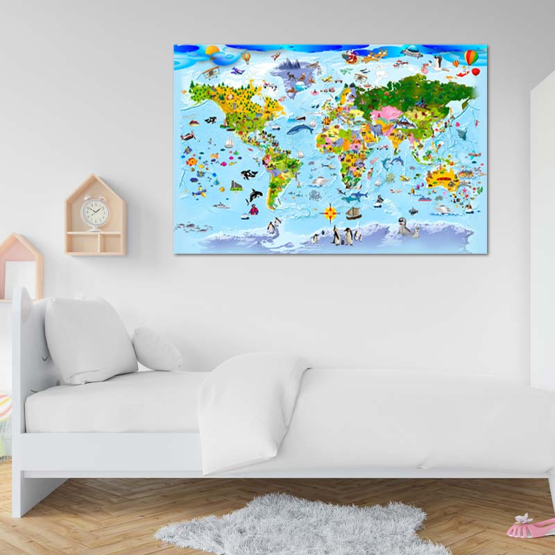 Toile décorative d'une Carte du Monde avec des Animaux pour Enfants - TabloDéco.fr