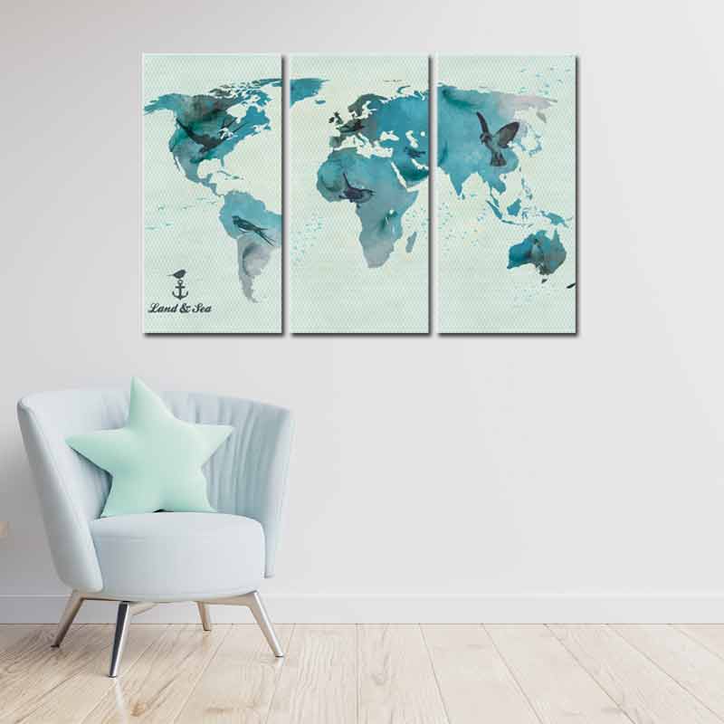 Triptyque Carte du Monde Bleu Canard