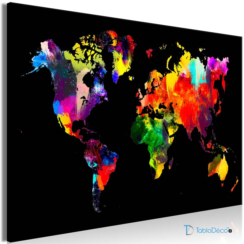 Tableau Carte du Monde Colorée sur fond noir - TabloDéco.fr