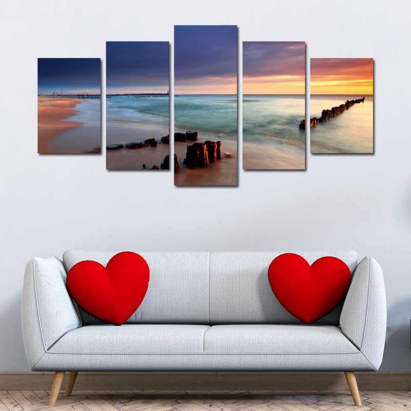 Tableau Coucher de Soleil sur la Plage en 5 panneaux