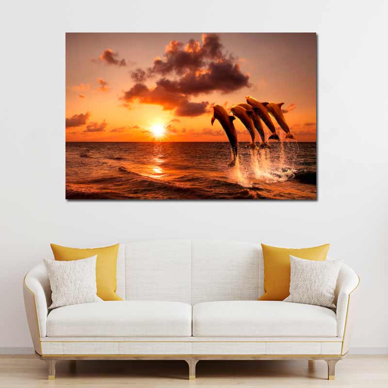 Tableau sur toile Dauphin et Coucher de Soleil - TabloDéco.fr