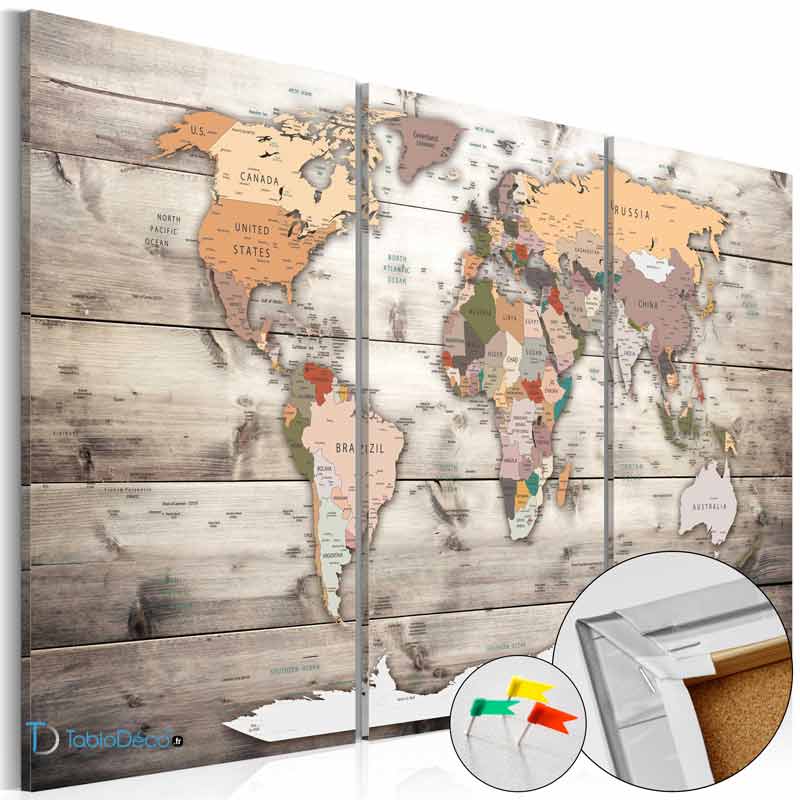 Acheter un Tableau en liège - Carte du Monde en 3 parties