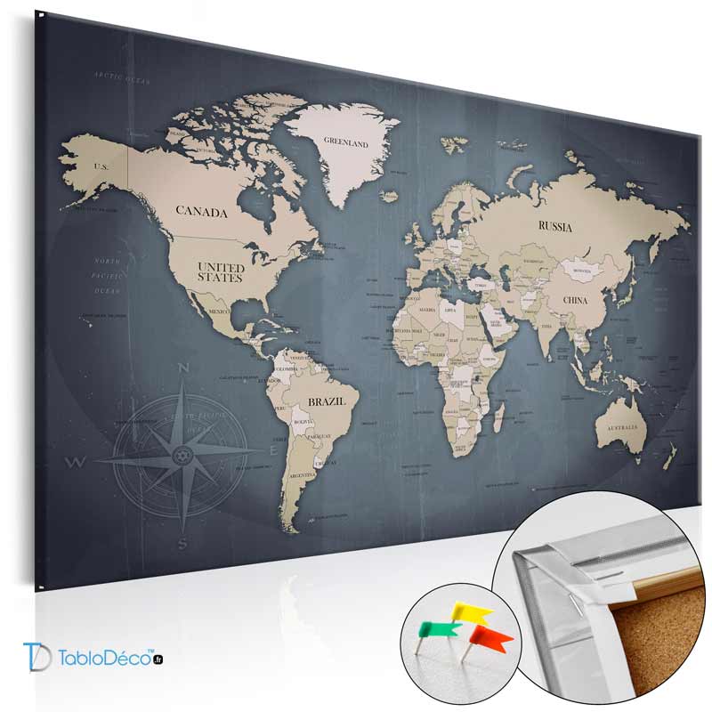 Acheter un Tableau en liège Carte du Monde nuances de bleu