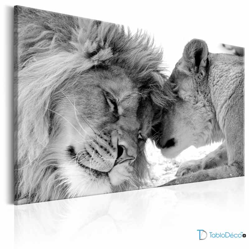 Tableau sur toile d'un Lion et d'une Lionne en Noir et Blanc