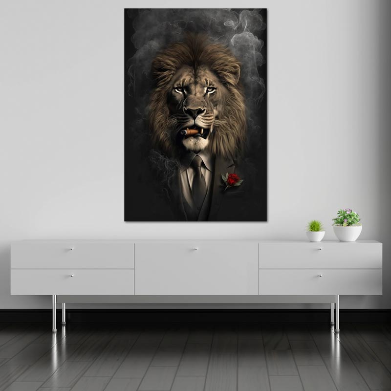 Tableau déco sur toile d'un Lion Fumeur - TabloDéco.fr