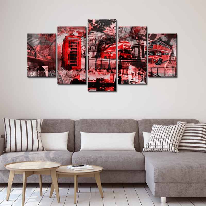 Tableau de Londres avec Bus Rouge en 5 panneaux