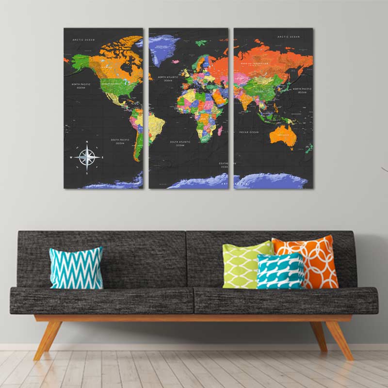 Tableau Mural en 3 parties d'une Carte du Monde