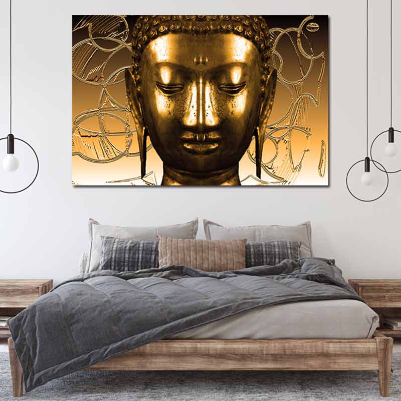 Tableau sur toile avec la Tête de Bouddha Dorée - TabloDéco.fr