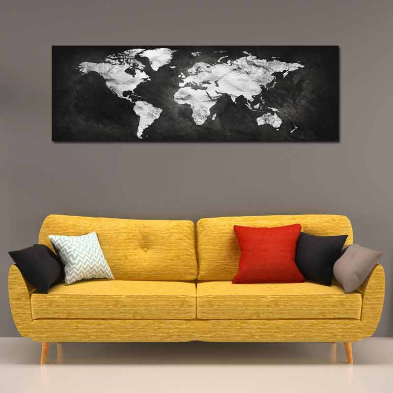 Tableau de décoration World Map Dark and Silver format panoramique