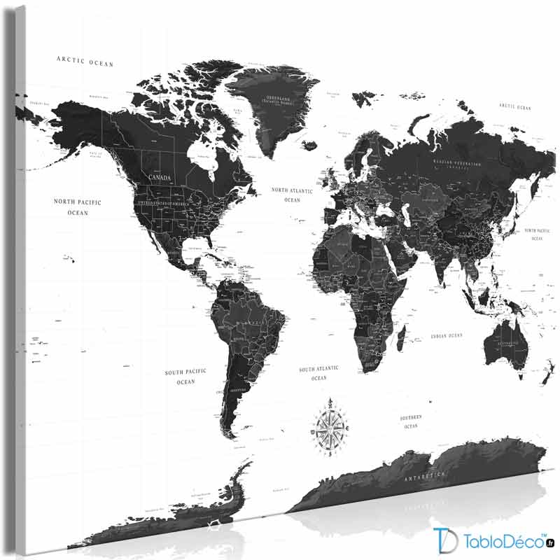 Toile Décorative Carte du Monde Noir et Blanc
