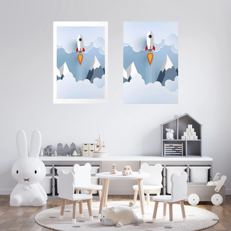 Affiche décorative d'une Fusée dans les nuages pour Enfant