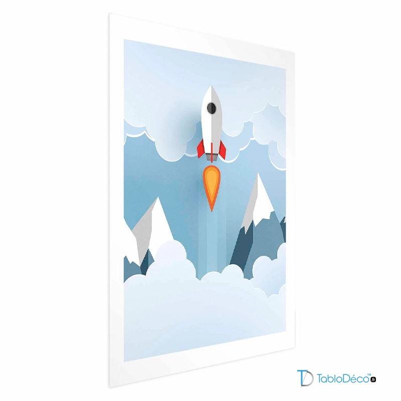 Affiche d'une Fusée dans les nuages pour Enfant avec une marge