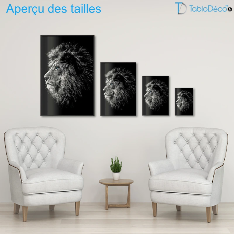 Poster Lion Noir et Blanc aux Yeux Bleus