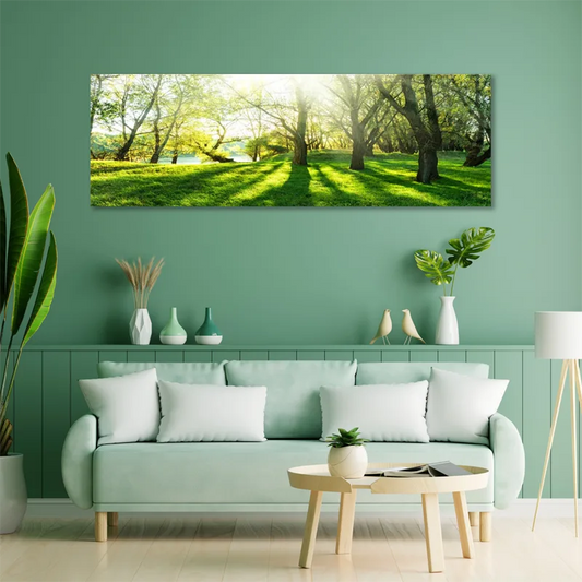 Grande toile déco d'une Forêt Lumineuse dans un salon - TabloDéco.fr