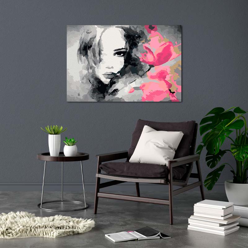 Toile à peindre soi-même du Portrait d'une Femme et Laurier Rose - TabloDéco.fr
