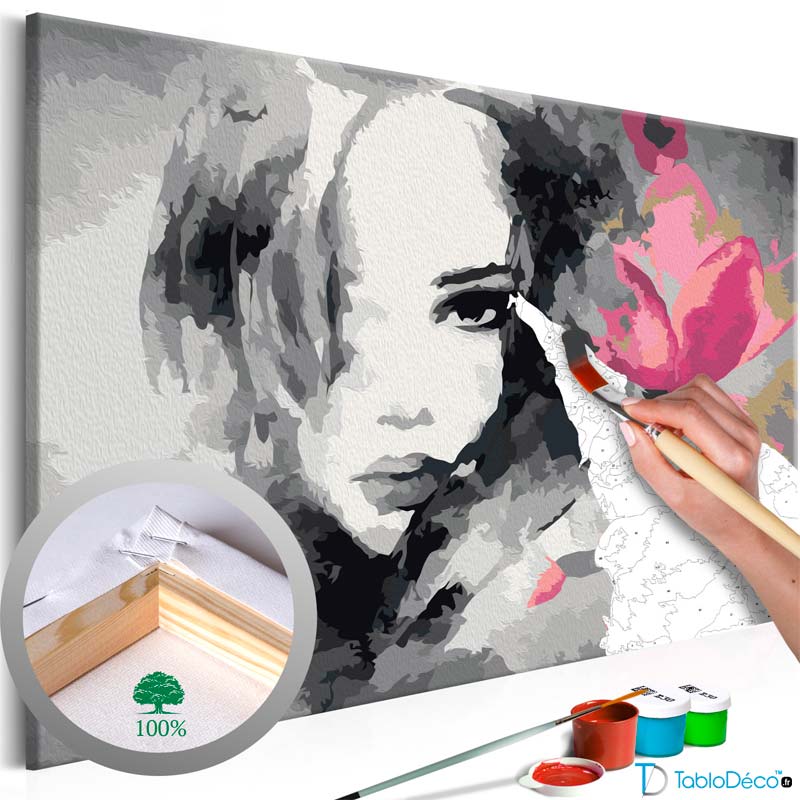 Acheter un tableau par numéros à peindre - Portrait Femme et Laurier Rose - TabloDéco.fr