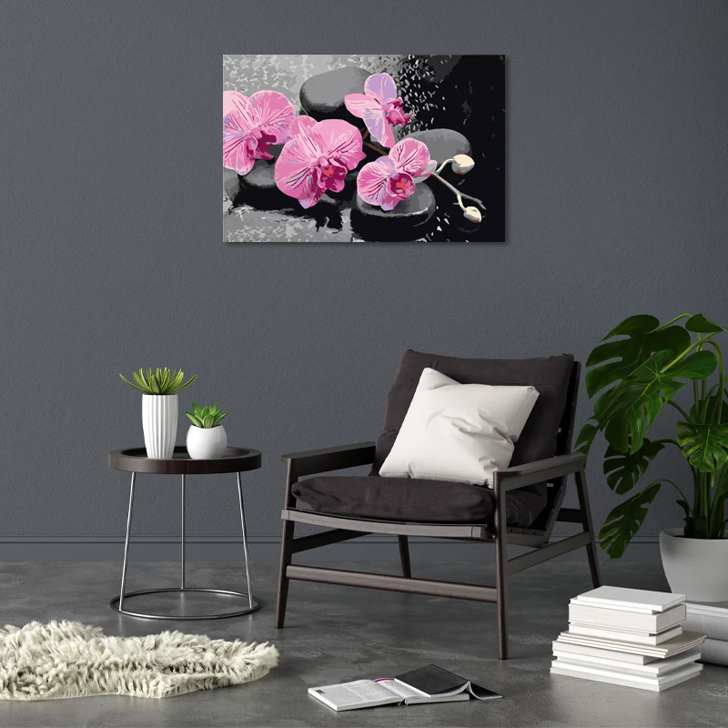 Peinture sur toile par numéros Orchidées Roses et Galets Noirs