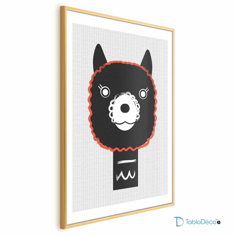Poster Alpaga Rigolo pour enfant cadre doré avec une marge