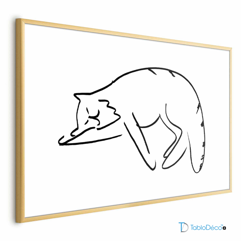 Poster d'un Chat en Line Art Noir et Blanc dans un cadre doré et avec une marge