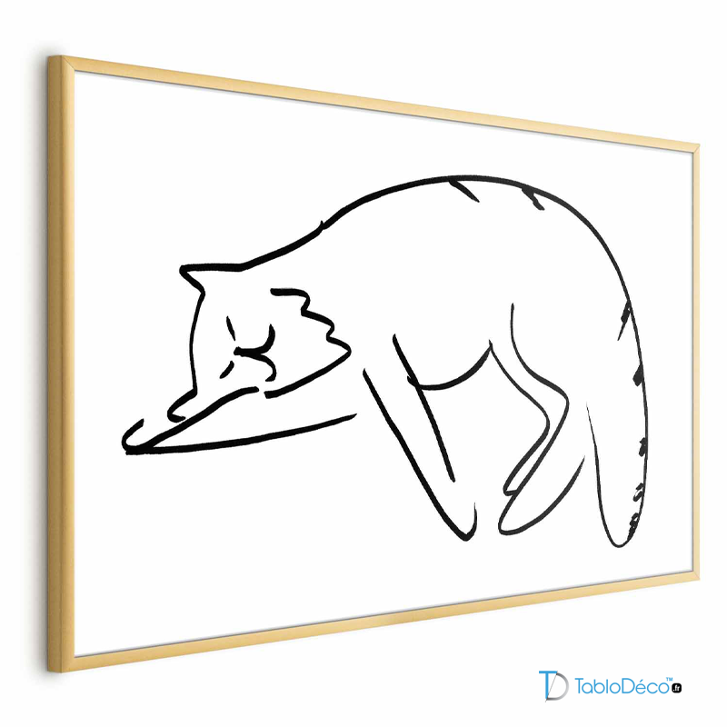 Poster d'un Chat en Line Art Noir et Blanc dans un cadre doré