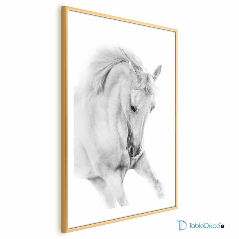 Poster Cheval Blanc Sauvage cadre doré avec marge