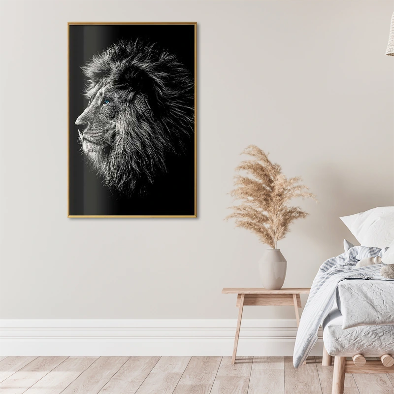 Poster Déco Lion Noir et Blanc aux Yeux Bleus