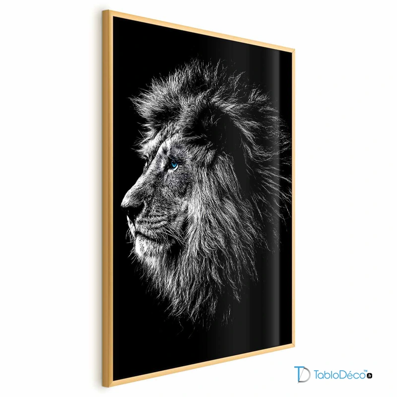 Poster Déco Lion Noir et Blanc aux Yeux Bleus carde doré